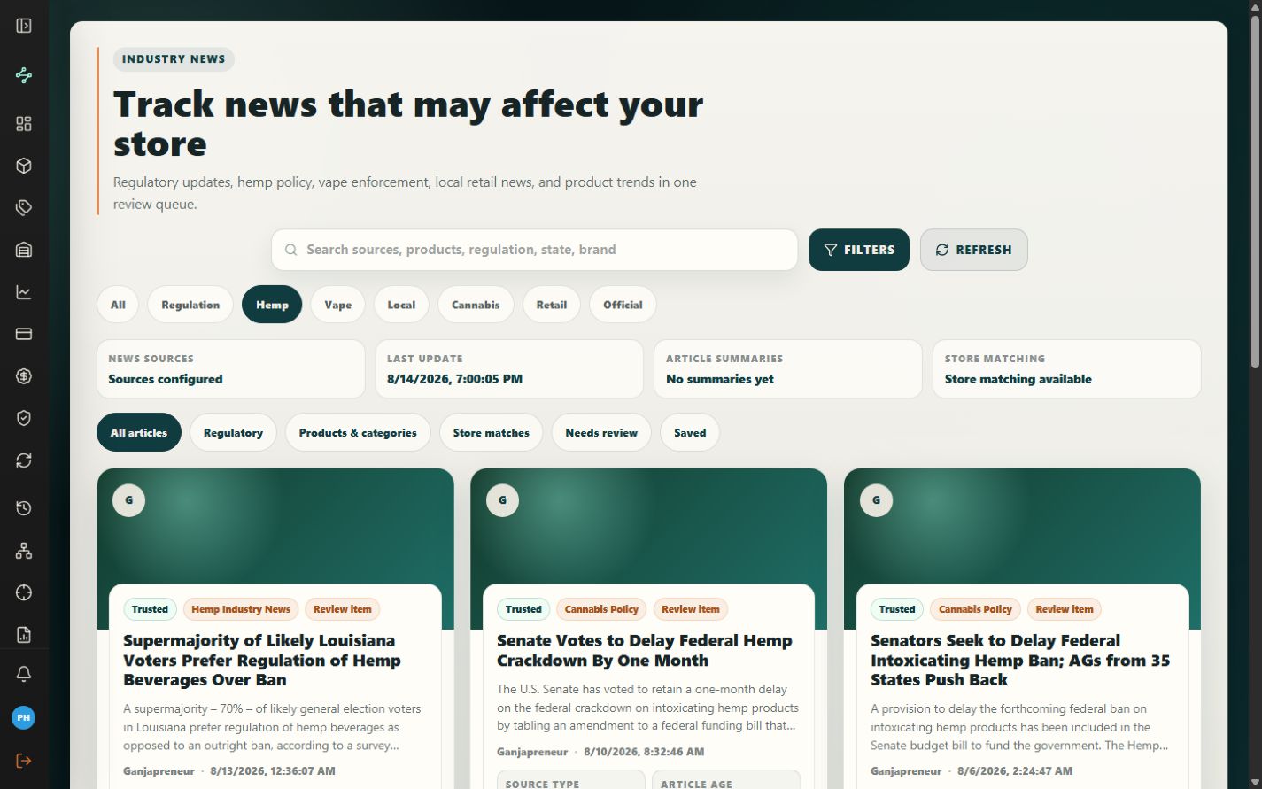 PHYSALIA product feed view showing retail catalog organization for online commerce